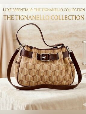 TIGNANELLO T PATTERN SIGNATURE CANVAS SHOULDER BAG YELLOW & BROWN ZIPS/POCKETS